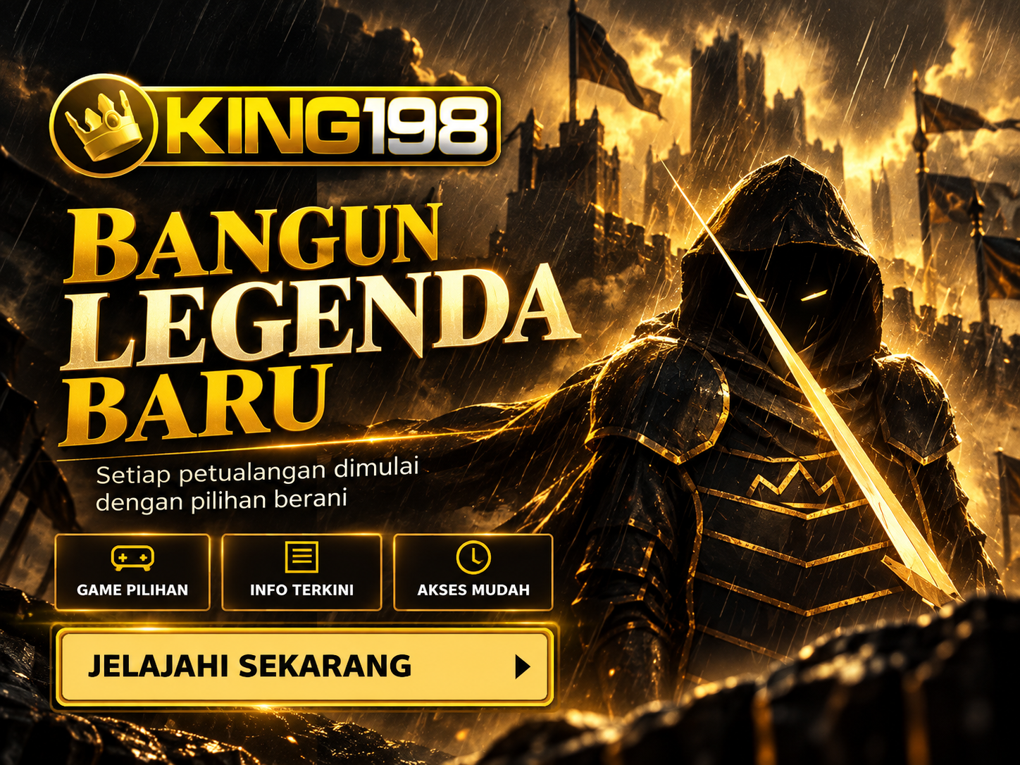Banner KING198 bergaya dark graphic novel dengan ksatria misterius di tengah hujan emas.